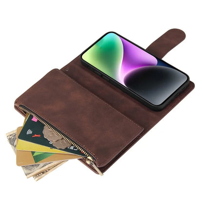 For iPhone 15 Plus Cell Phone Case Multiple Card Slots Zipper Wallet Leather Protection Cover