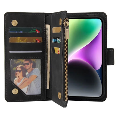 For iPhone 15 Plus Cell Phone Case Multiple Card Slots Zipper Wallet Leather Protection Cover