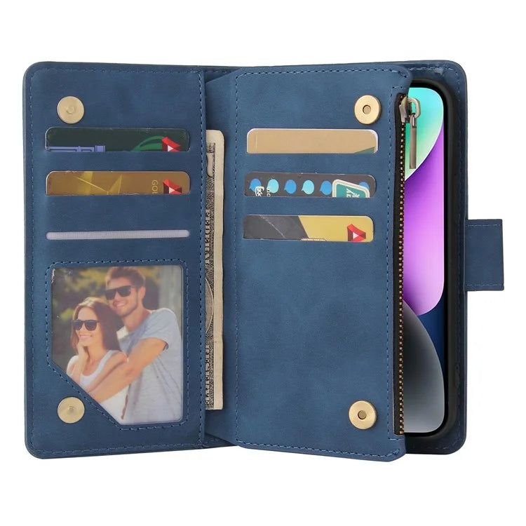 For iPhone 15 Case Multiple Card Slots Drop-proof PU Leather Phone Cover with Zipper Wallet
