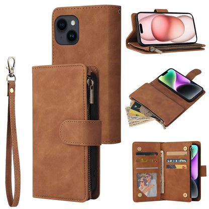 For iPhone 15 Case Multiple Card Slots Drop-proof PU Leather Phone Cover with Zipper Wallet