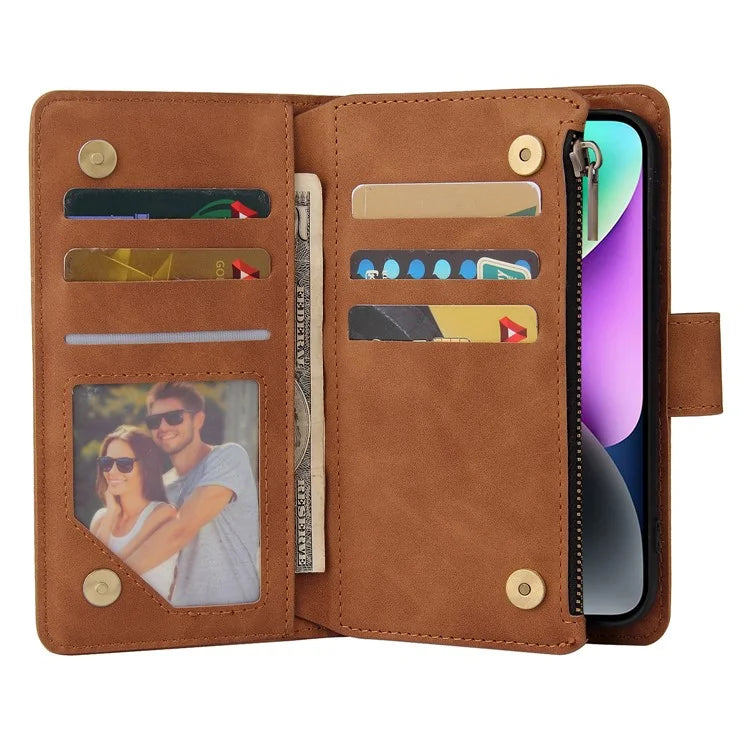 For iPhone 15 Case Multiple Card Slots Drop-proof PU Leather Phone Cover with Zipper Wallet