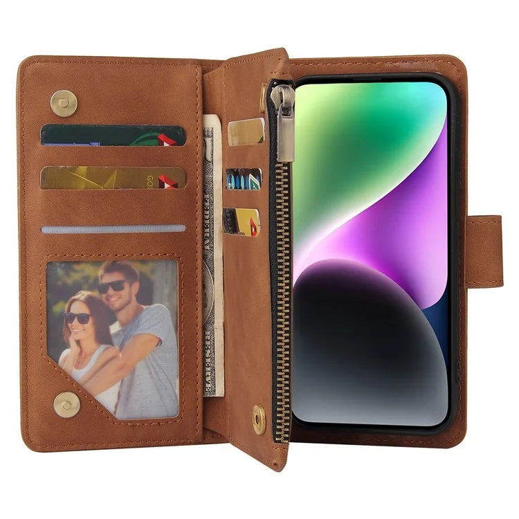 For iPhone 15 Case Multiple Card Slots Drop-proof PU Leather Phone Cover with Zipper Wallet