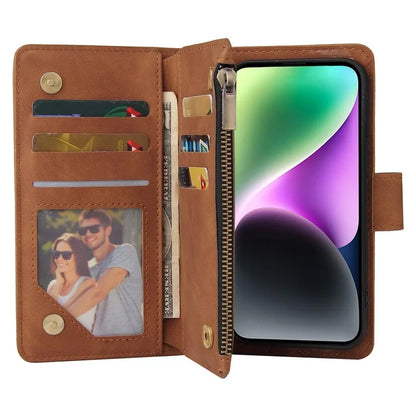 For iPhone 15 Case Multiple Card Slots Drop-proof PU Leather Phone Cover with Zipper Wallet