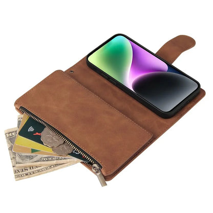 For iPhone 15 Case Multiple Card Slots Drop-proof PU Leather Phone Cover with Zipper Wallet