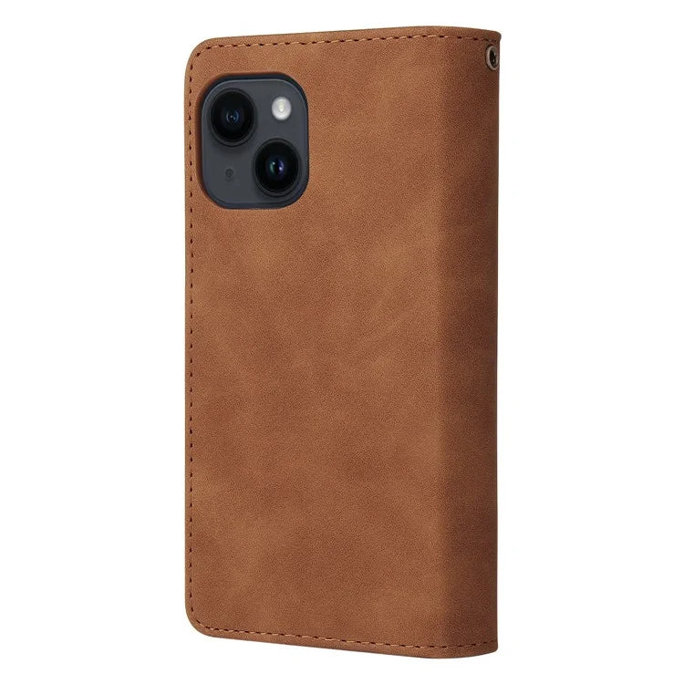 For iPhone 15 Case Multiple Card Slots Drop-proof PU Leather Phone Cover with Zipper Wallet