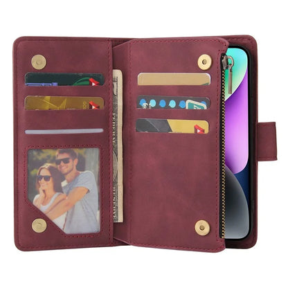 For iPhone 15 Case Multiple Card Slots Drop-proof PU Leather Phone Cover with Zipper Wallet