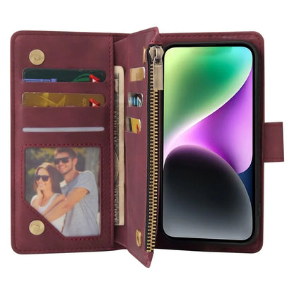 For iPhone 15 Case Multiple Card Slots Drop-proof PU Leather Phone Cover with Zipper Wallet