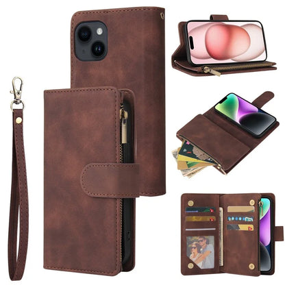 For iPhone 15 Case Multiple Card Slots Drop-proof PU Leather Phone Cover with Zipper Wallet