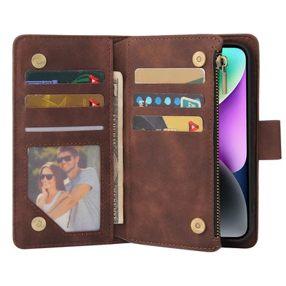 For iPhone 15 Case Multiple Card Slots Drop-proof PU Leather Phone Cover with Zipper Wallet