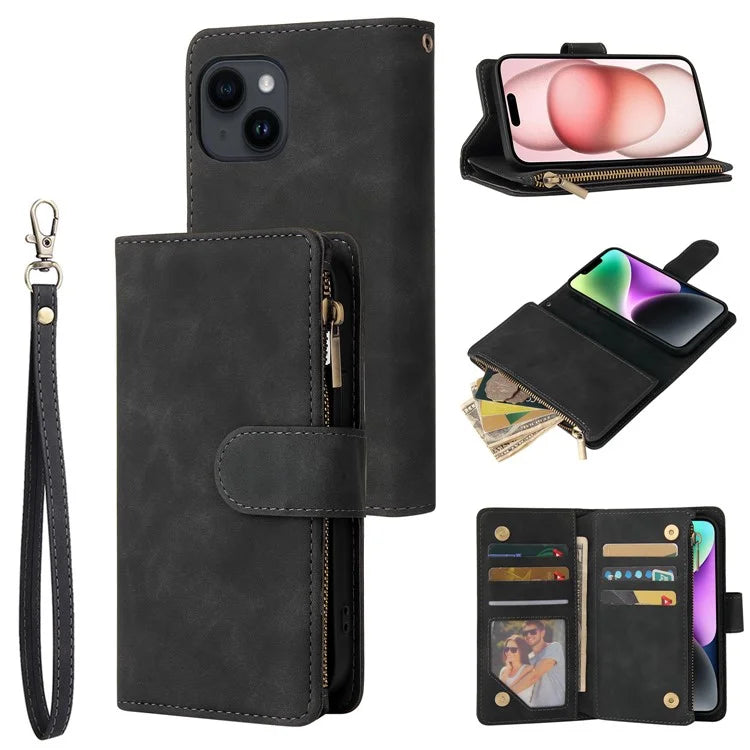 For iPhone 15 Case Multiple Card Slots Drop-proof PU Leather Phone Cover with Zipper Wallet