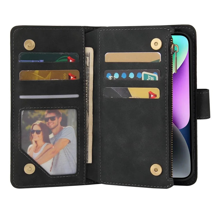 For iPhone 15 Case Multiple Card Slots Drop-proof PU Leather Phone Cover with Zipper Wallet