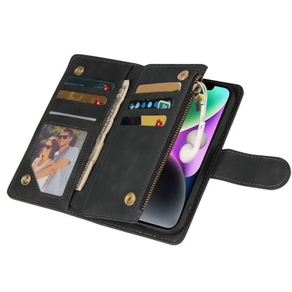 For iPhone 15 Case Multiple Card Slots Drop-proof PU Leather Phone Cover with Zipper Wallet