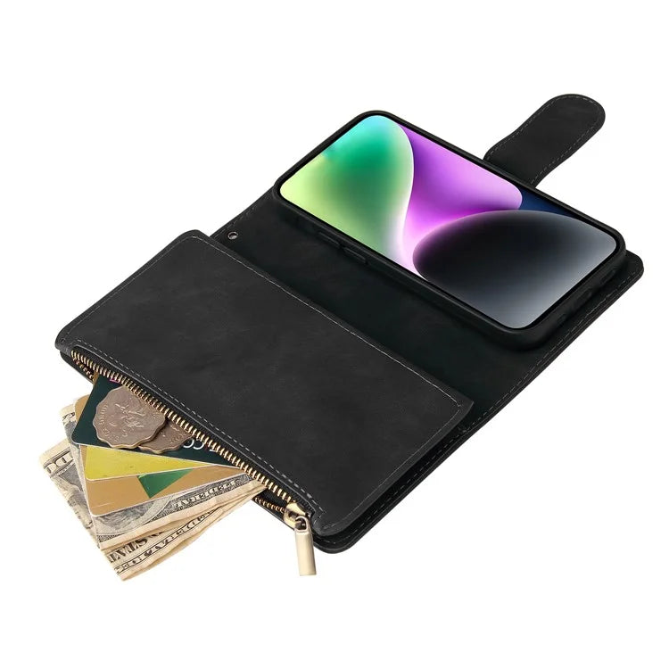 For iPhone 15 Case Multiple Card Slots Drop-proof PU Leather Phone Cover with Zipper Wallet