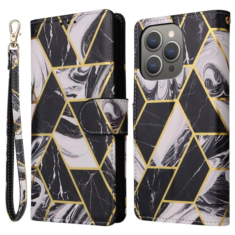 For iPhone 15 Pro Max Leather Case Lacquered Marble Pattern Wallet Phone Cover