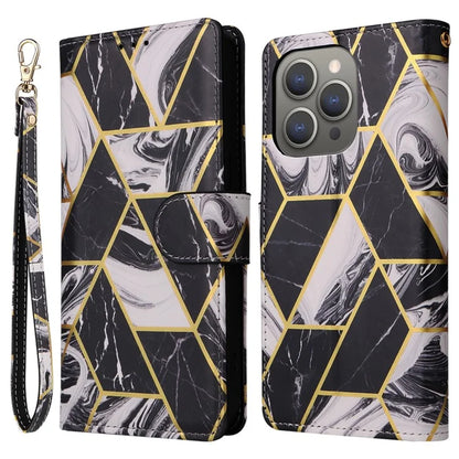 For iPhone 15 Pro Max Leather Case Lacquered Marble Pattern Wallet Phone Cover