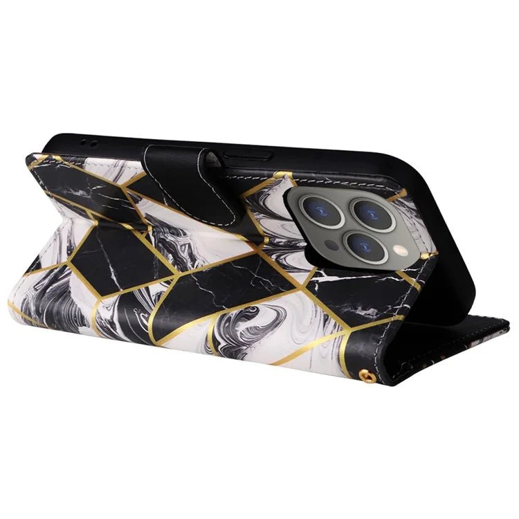 For iPhone 15 Pro Max Leather Case Lacquered Marble Pattern Wallet Phone Cover