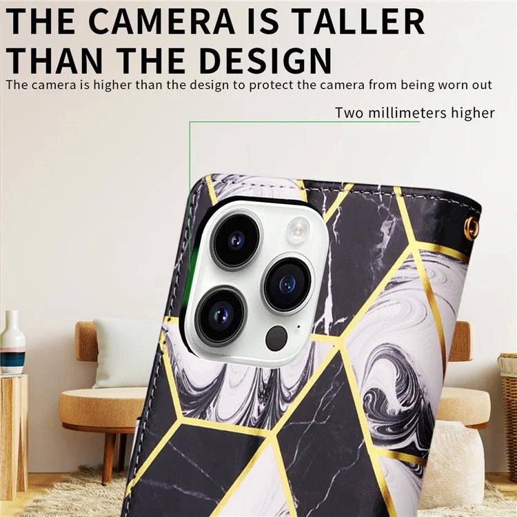 For iPhone 15 Pro Max Leather Case Lacquered Marble Pattern Wallet Phone Cover