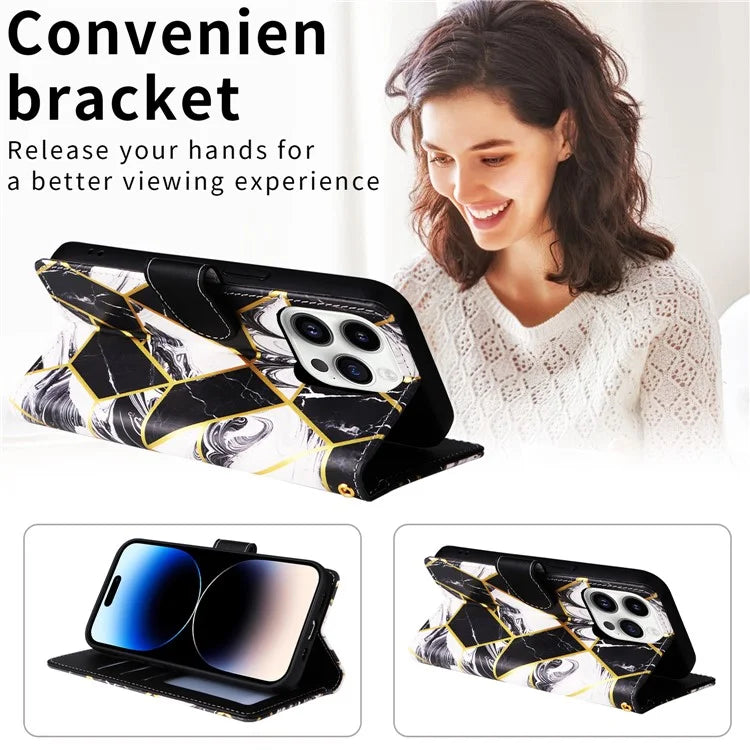 For iPhone 15 Pro Max Leather Case Lacquered Marble Pattern Wallet Phone Cover
