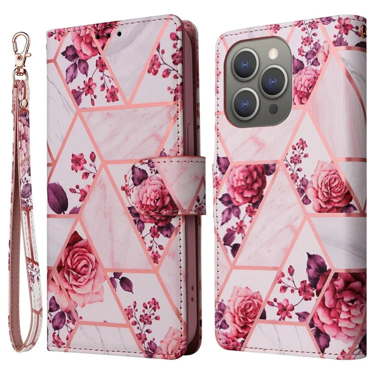 For iPhone 15 Pro Max Leather Case Lacquered Marble Pattern Wallet Phone Cover