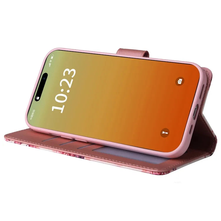 For iPhone 15 Pro Max Leather Case Lacquered Marble Pattern Wallet Phone Cover