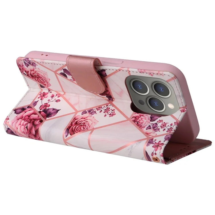 For iPhone 15 Pro Max Leather Case Lacquered Marble Pattern Wallet Phone Cover