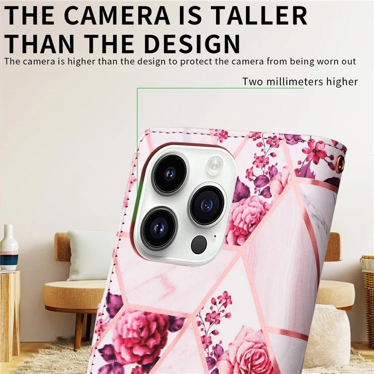 For iPhone 15 Pro Max Leather Case Lacquered Marble Pattern Wallet Phone Cover