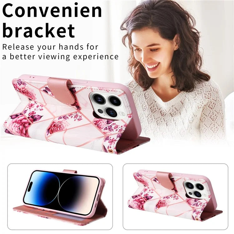 For iPhone 15 Pro Max Leather Case Lacquered Marble Pattern Wallet Phone Cover
