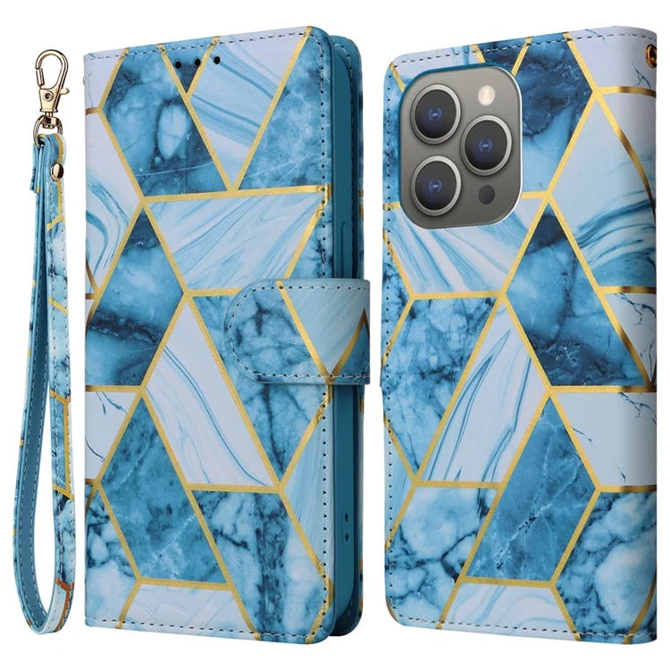 For iPhone 15 Pro Max Leather Case Lacquered Marble Pattern Wallet Phone Cover