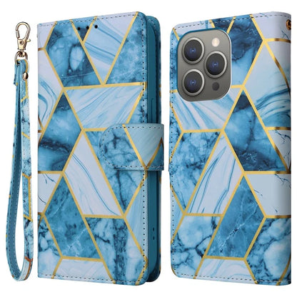 For iPhone 15 Pro Max Leather Case Lacquered Marble Pattern Wallet Phone Cover