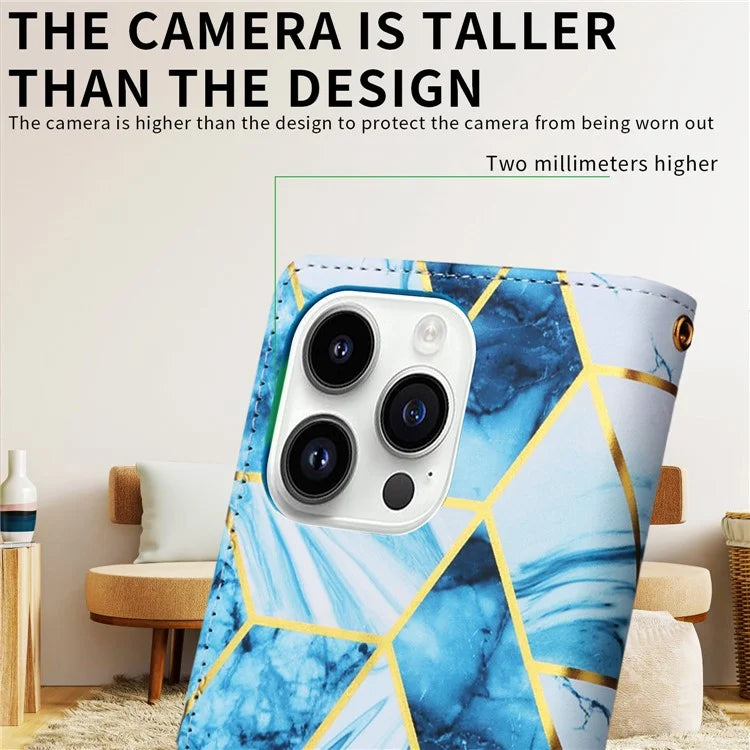 For iPhone 15 Pro Max Leather Case Lacquered Marble Pattern Wallet Phone Cover