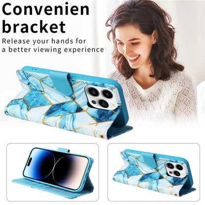 For iPhone 15 Pro Max Leather Case Lacquered Marble Pattern Wallet Phone Cover