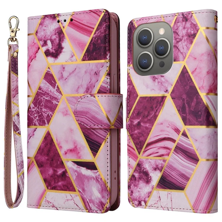 For iPhone 15 Pro Max Leather Case Lacquered Marble Pattern Wallet Phone Cover