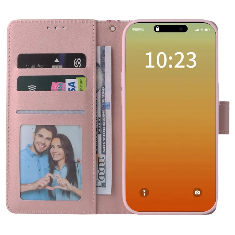 For iPhone 15 Pro Max Leather Case Lacquered Marble Pattern Wallet Phone Cover