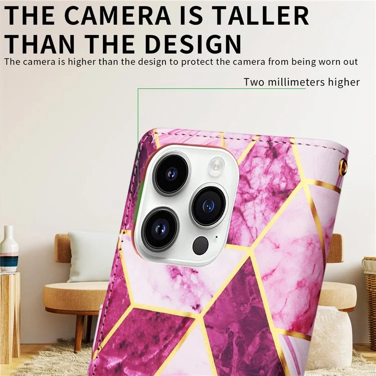 For iPhone 15 Pro Max Leather Case Lacquered Marble Pattern Wallet Phone Cover