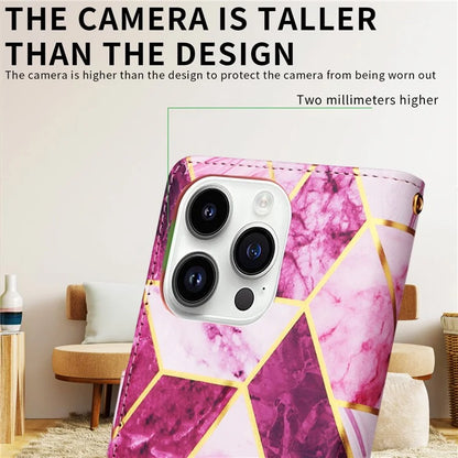 For iPhone 15 Pro Max Leather Case Lacquered Marble Pattern Wallet Phone Cover