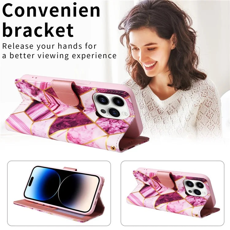 For iPhone 15 Pro Max Leather Case Lacquered Marble Pattern Wallet Phone Cover