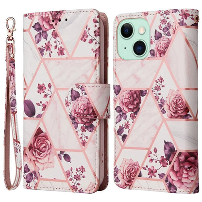 For iPhone 15 Plus Leather Wallet Case Marble Pattern Lacquered Phone Cover