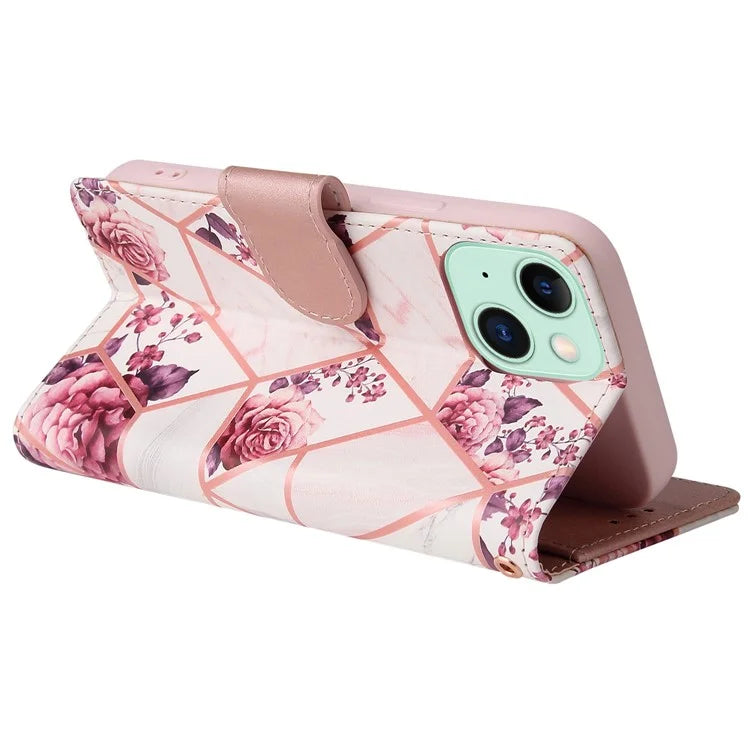 For iPhone 15 Plus Leather Wallet Case Marble Pattern Lacquered Phone Cover