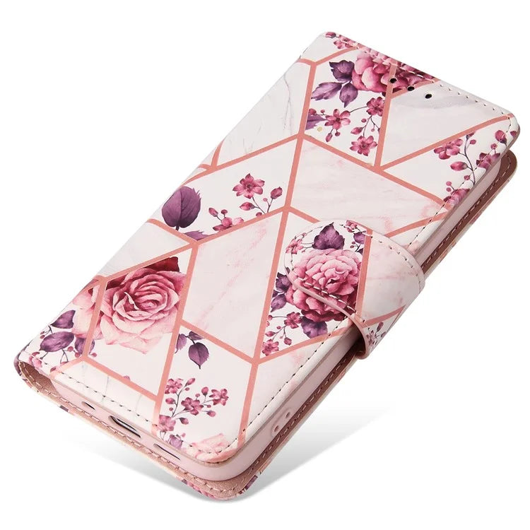 For iPhone 15 Plus Leather Wallet Case Marble Pattern Lacquered Phone Cover