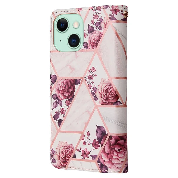 For iPhone 15 Plus Leather Wallet Case Marble Pattern Lacquered Phone Cover