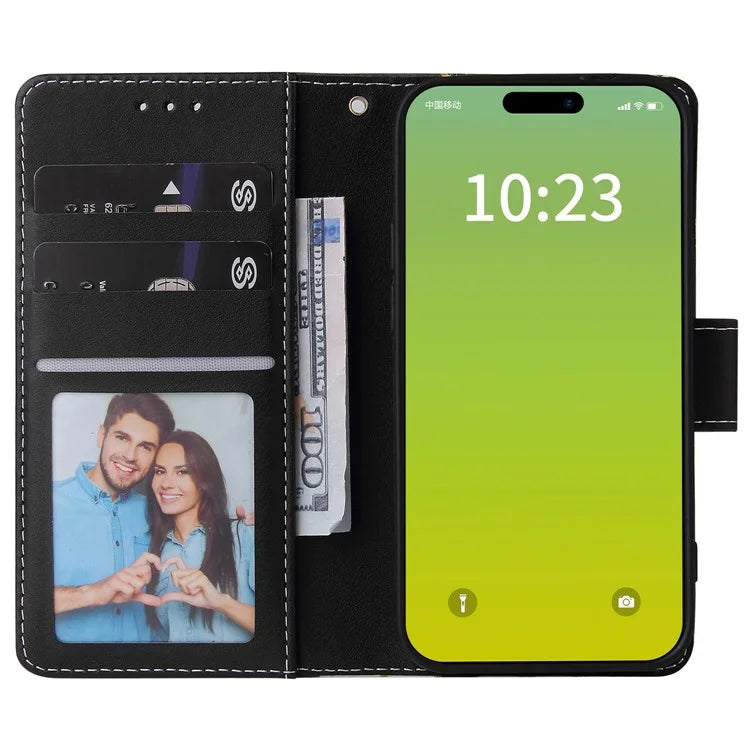 For iPhone 15 Plus Leather Wallet Case Marble Pattern Lacquered Phone Cover