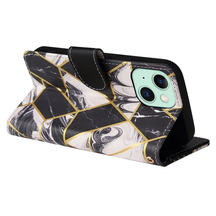 For iPhone 15 Plus Leather Wallet Case Marble Pattern Lacquered Phone Cover