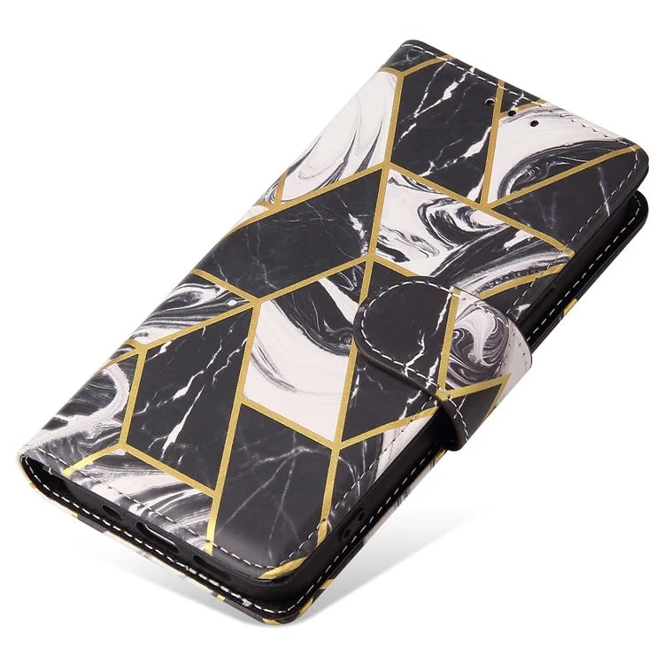 For iPhone 15 Plus Leather Wallet Case Marble Pattern Lacquered Phone Cover