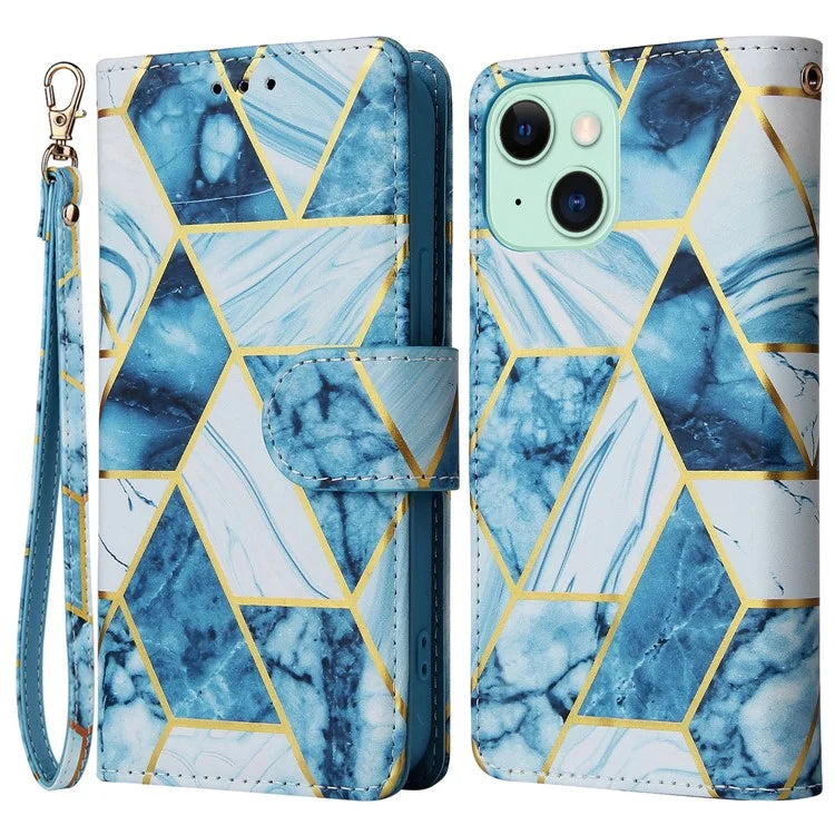 For iPhone 15 Plus Leather Wallet Case Marble Pattern Lacquered Phone Cover
