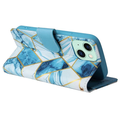For iPhone 15 Plus Leather Wallet Case Marble Pattern Lacquered Phone Cover