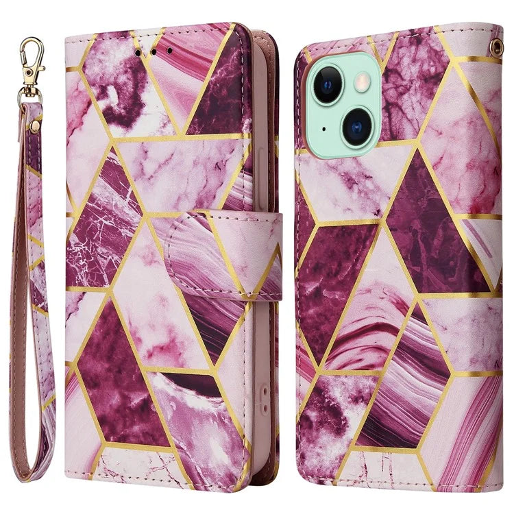 For iPhone 15 Plus Leather Wallet Case Marble Pattern Lacquered Phone Cover