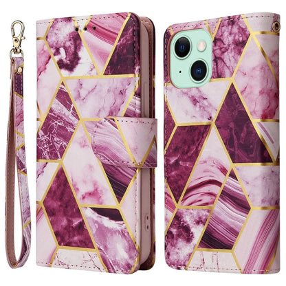 For iPhone 15 Plus Leather Wallet Case Marble Pattern Lacquered Phone Cover