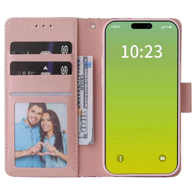 For iPhone 15 Plus Leather Wallet Case Marble Pattern Lacquered Phone Cover