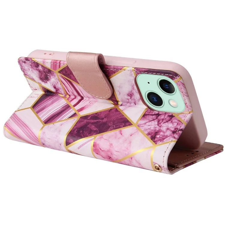 For iPhone 15 Plus Leather Wallet Case Marble Pattern Lacquered Phone Cover