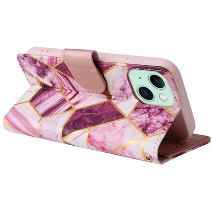For iPhone 15 Plus Leather Wallet Case Marble Pattern Lacquered Phone Cover